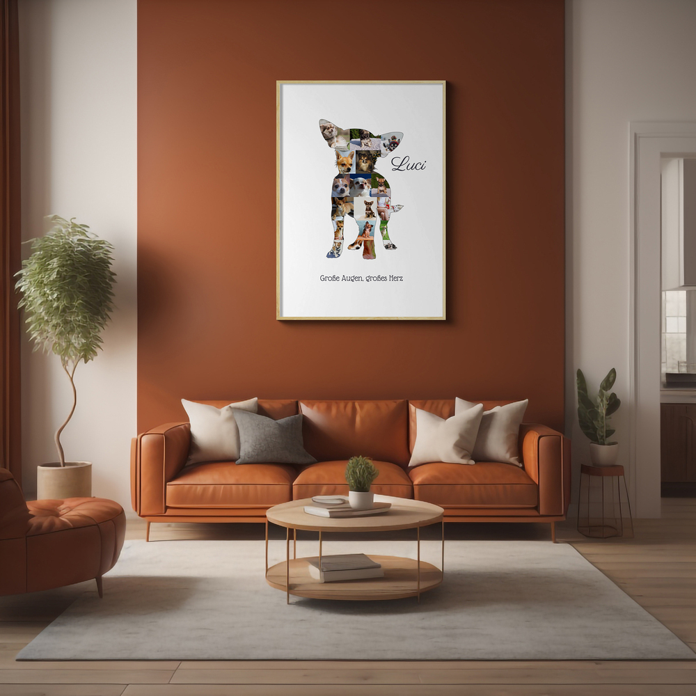 Gerahmte Fotocollage als Chihuahua-Silhouette mit Namen über einem cognacfarbenen Sofa im Wohnzimmer