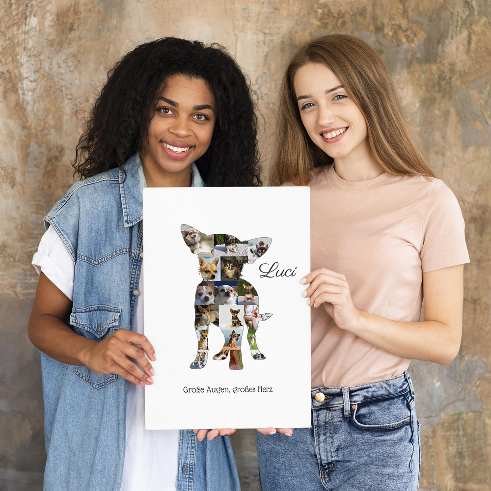 Fotocollage in Chihuahua-Form mit Namen und Wunschtext, ungerahmt präsentiert als Geschenk für Hundefreunde