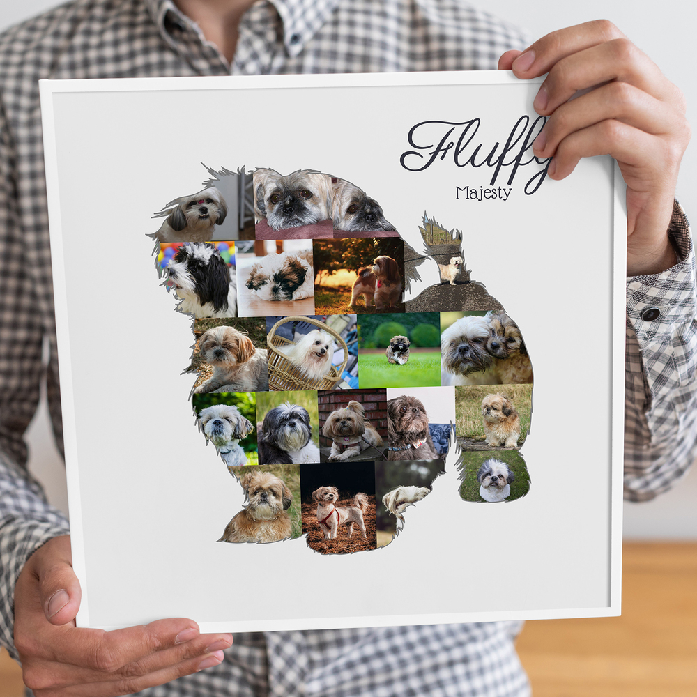 Collage photo carré en silhouette de shih tzu avec prénom et texte, encadré en blanc, cadeau pour amoureux des chiens