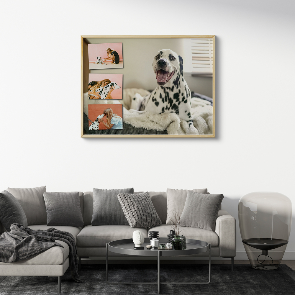 Hunde-Fotocollage mit Dalmatiner im Naturholzrahmen über einem grauen Sofa im Wohnzimmer
