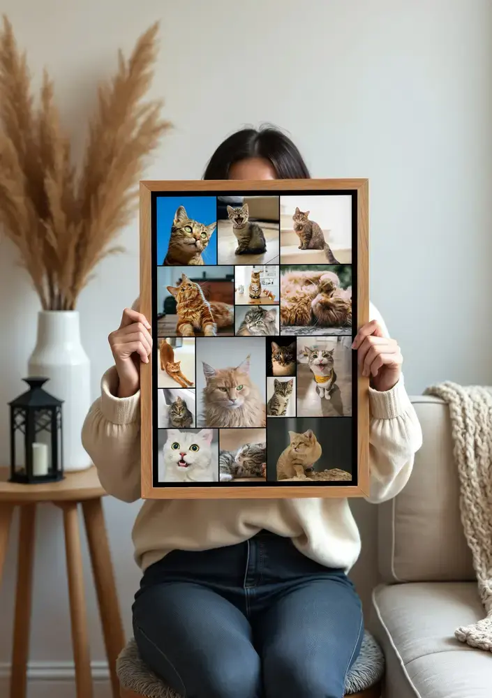 Katzen-Fotocollage im hohen Holzrahmen mit unterschiedlich großen Fotos, im Wohnzimmer neben Vase und Pampasgras