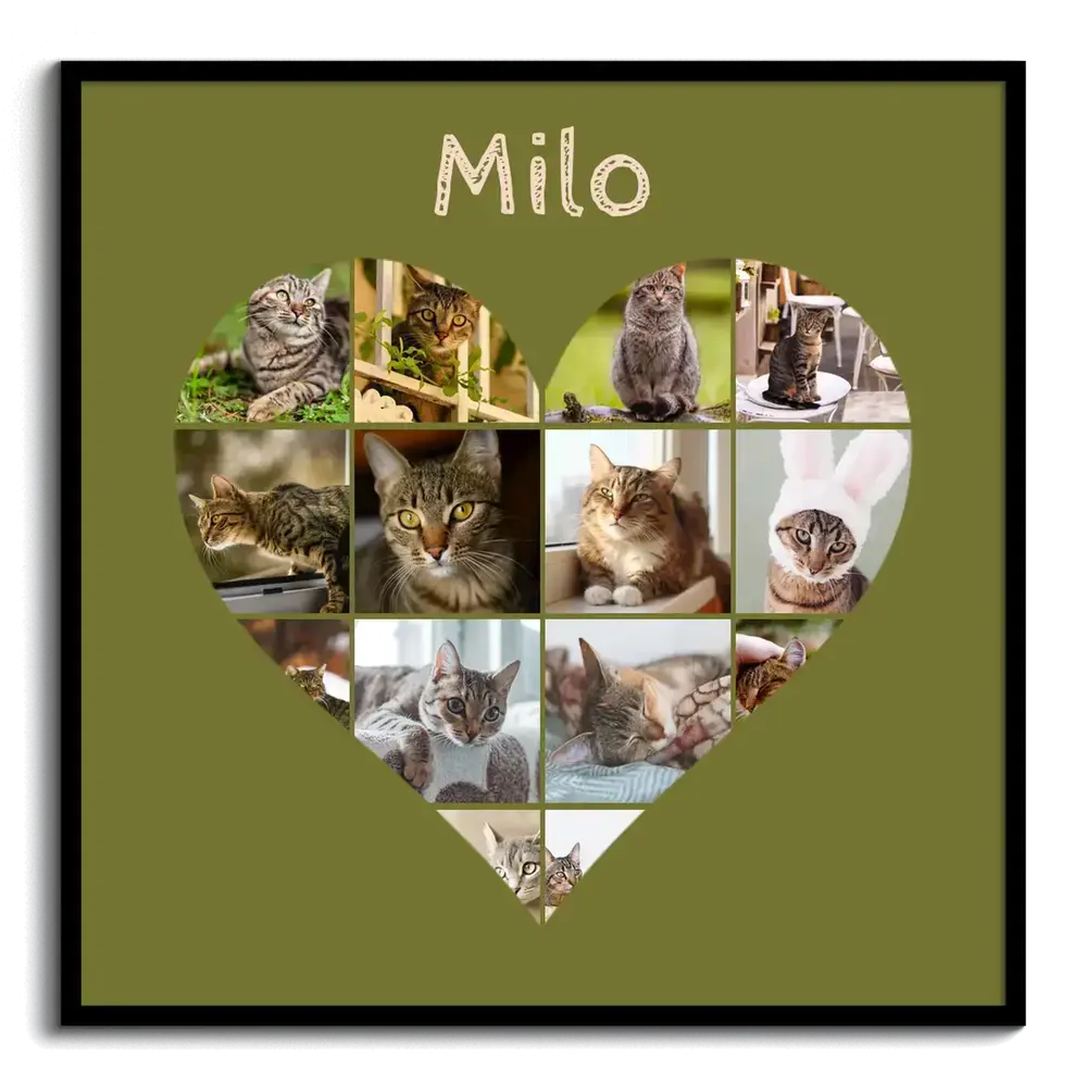 Herz-Collage aus Katzenfotos auf olivgrünem Hintergrund, mit Namen personalisiert und schwarz gerahmt