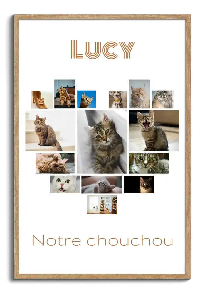 Collage de photos de chats en cœur sur fond blanc, avec prénom et message personnalisés, dans un cadre en bois