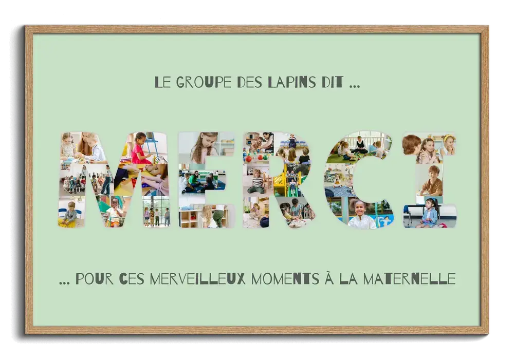 Pêle-mêle de photos d’enfants en lettres sur fond vert menthe, encadré en bois, cadeau de fin d’année pour la maîtresse