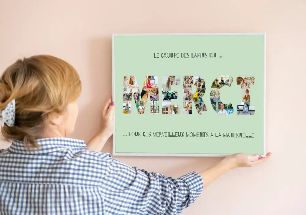Collage photo en lettres sur fond vert menthe, cadre blanc sur mur pêche, cadeau de fin d’année pour une maîtresse