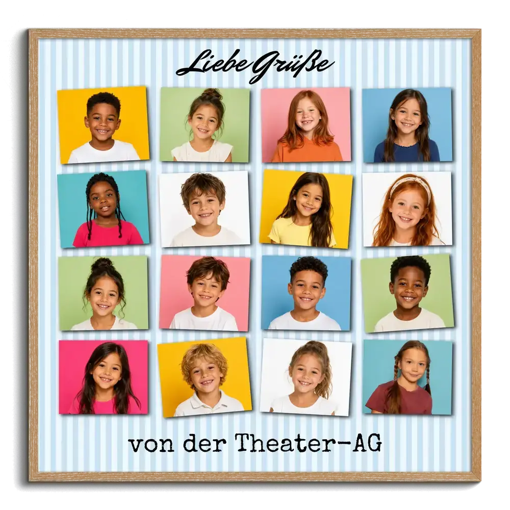 Schul-AG-Fotocollage im Holzrahmen mit 16 Kinderporträts im Raster und Grußtext auf blau-weiß gestreiftem Grund