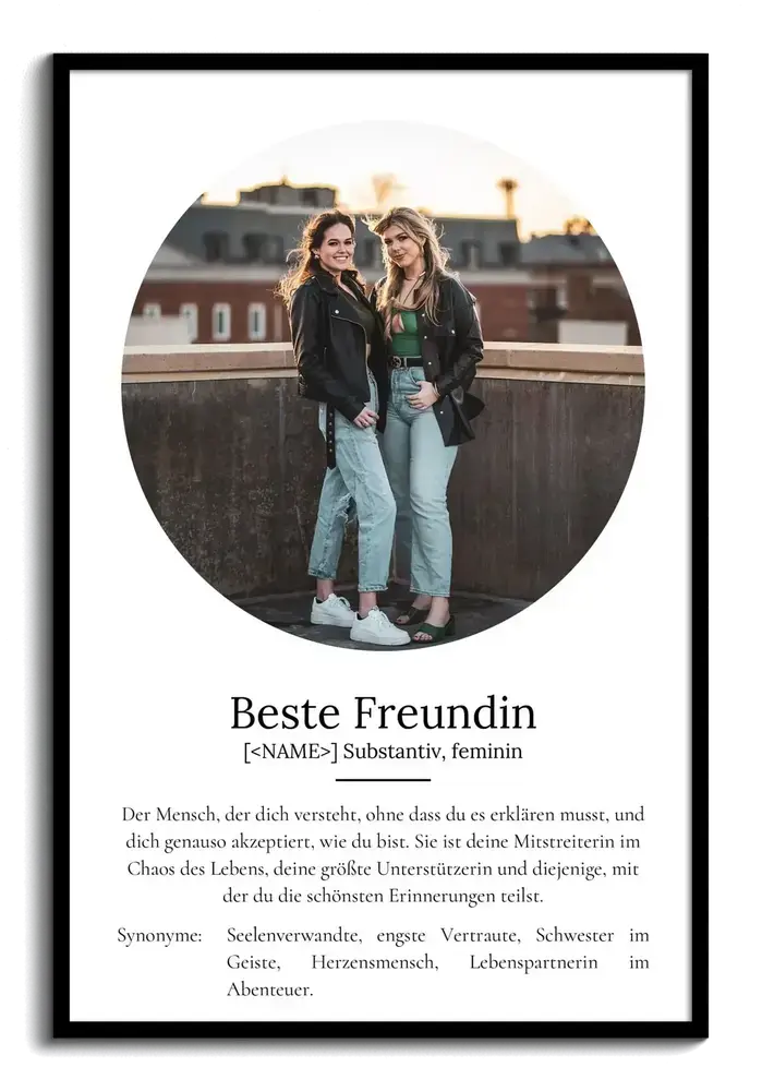 Definitionsposter mit ovalem Foto und Text im schwarzen Rahmen als persönliches Geschenk für die beste Freundin