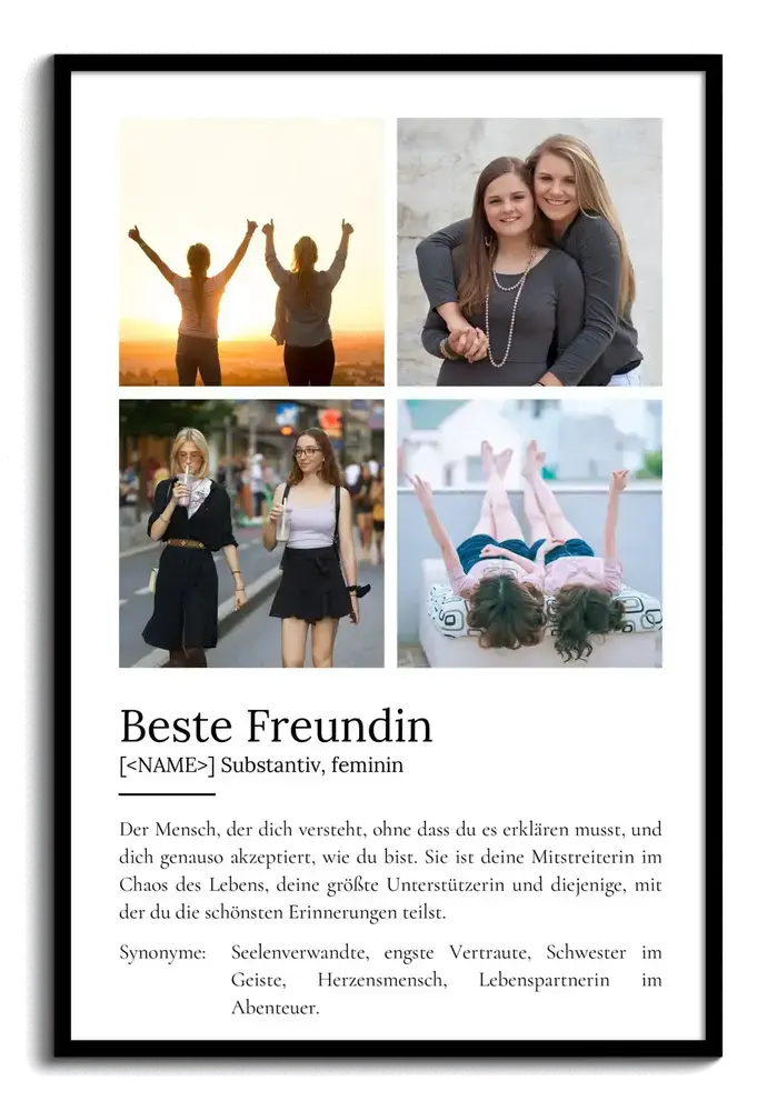 Definitionsposter mit vier Fotos im schwarzen Rahmen als persönliches Geschenk für die beste Freundin