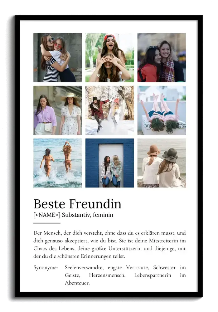 Definitionsposter mit neun Fotos im schwarzen Rahmen als persönliches Geschenk für die beste Freundin