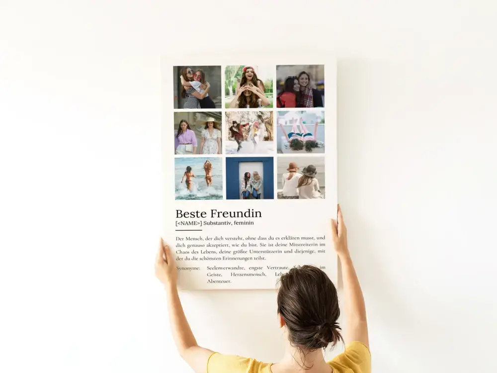 Definitionsposter mit neun Fotos an weißer Wand, als persönliches Geschenk für die beste Freundin.