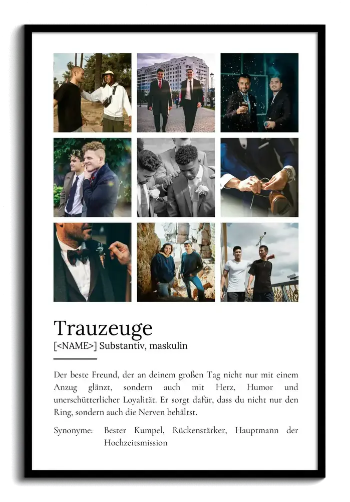 Definitionsposter mit neun Fotos im schwarzen Rahmen als persönliches Geschenk für den Trauzeugen