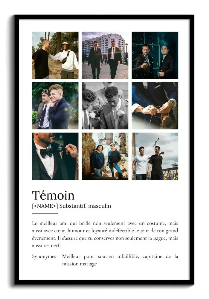 Affiche avec définition et neuf photos en grille dans un cadre noir, une idée cadeau pour un témoin de mariage