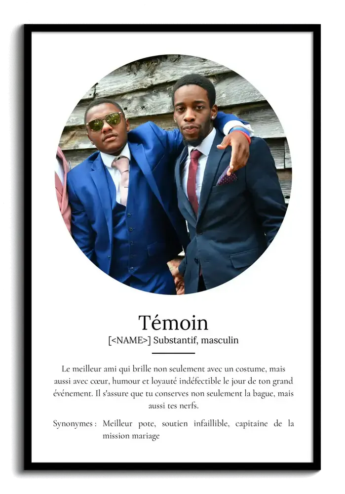Affiche définition du témoin de mariage avec photo ovale et texte personnalisé dans un cadre noir
