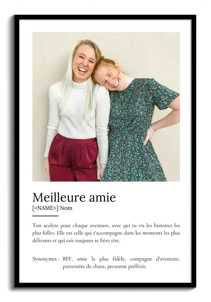 Affiche photo et définition de l’amitié, encadrée en noir sur fond blanc, cadeau pour une meilleure amie