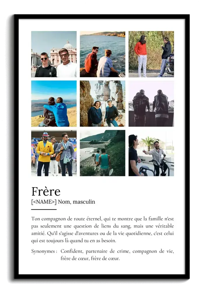 Poster définition de frère avec neuf photos souvenirs en mosaïque au-dessus du texte, dans un cadre noir