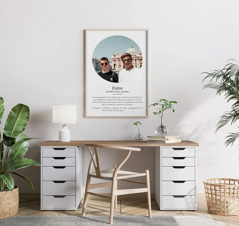 Affiche définition pour frère avec photo ronde, encadrée au-dessus du bureau, cadeau personnalisé