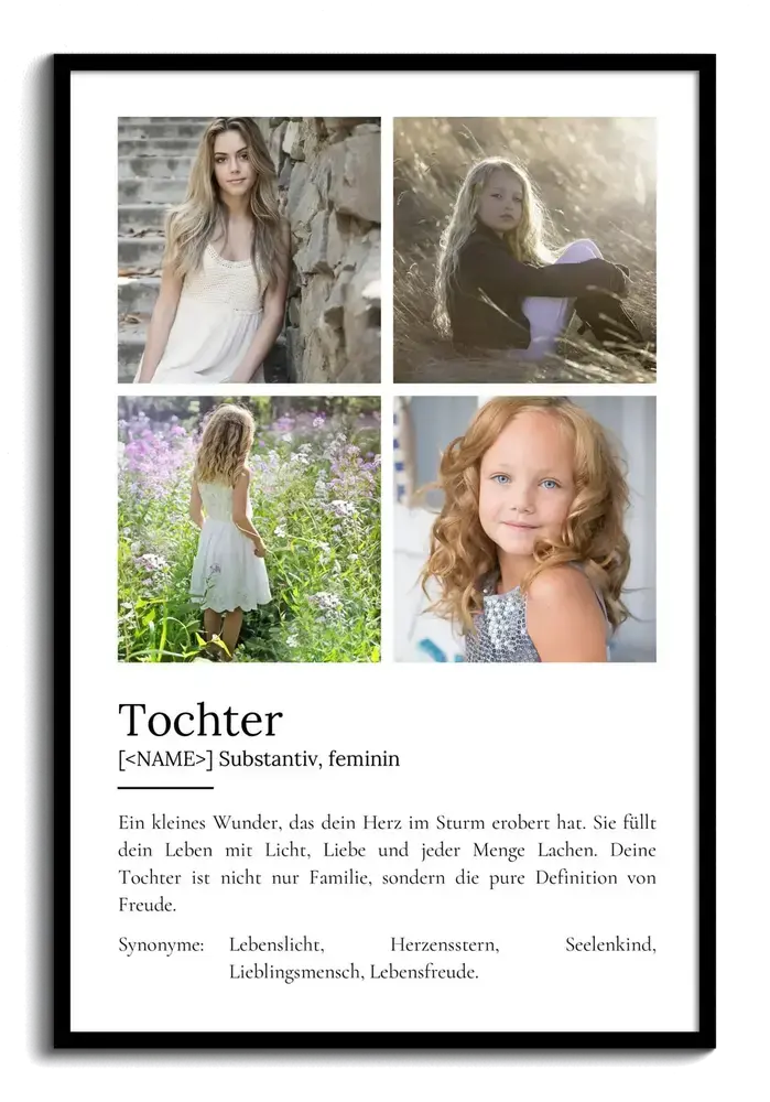 Definitionsposter für die Tochter mit vier Fotos im schwarzen Rahmen als persönliches Geburtstagsgeschenk
