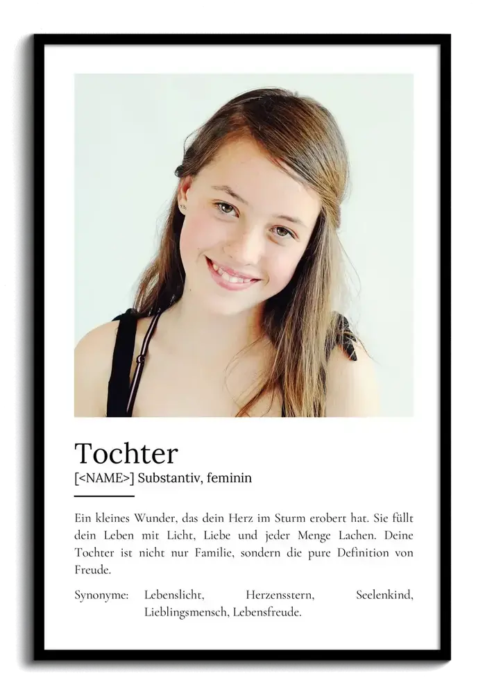 Schwarz gerahmtes Definitionsposter mit Mädchenporträt als individuelles Weihnachtsgeschenk für die Tochter