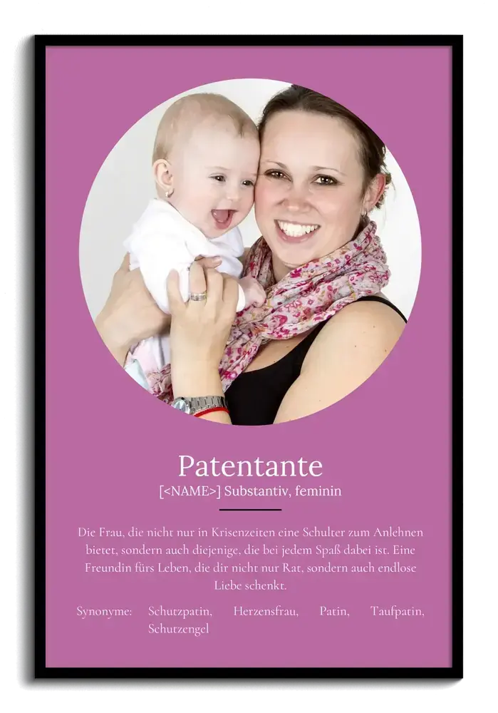 Definitionsposter für die Patentante mit rundem Foto auf violettem Hintergrund im schwarzen Rahmen