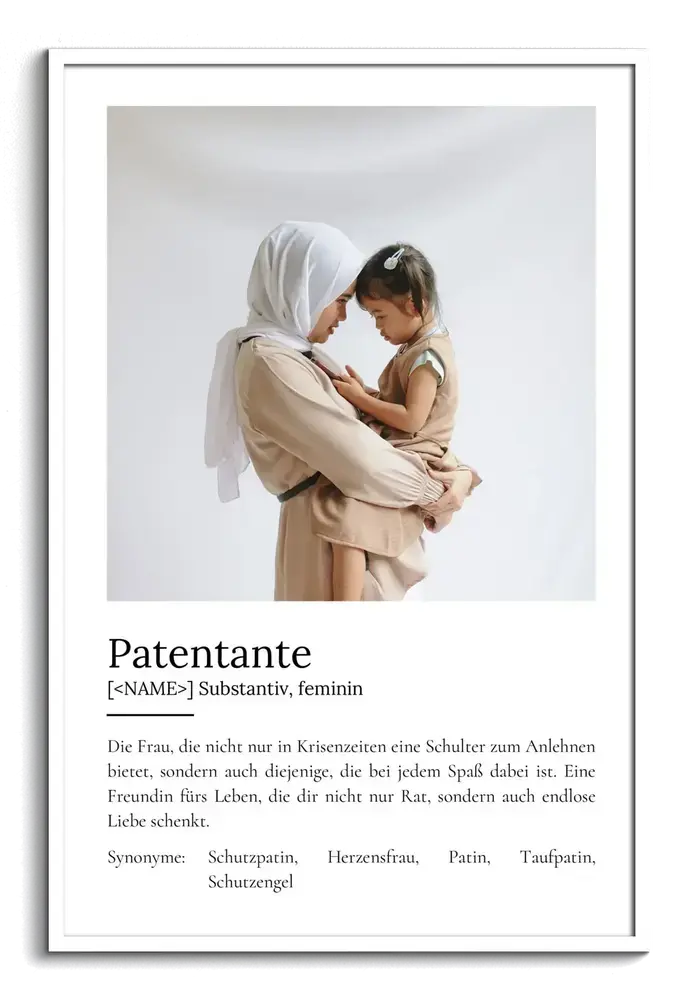 Definitionsposter für die Patentante mit großem Foto von Frau und Kleinkind im weißen Rahmen