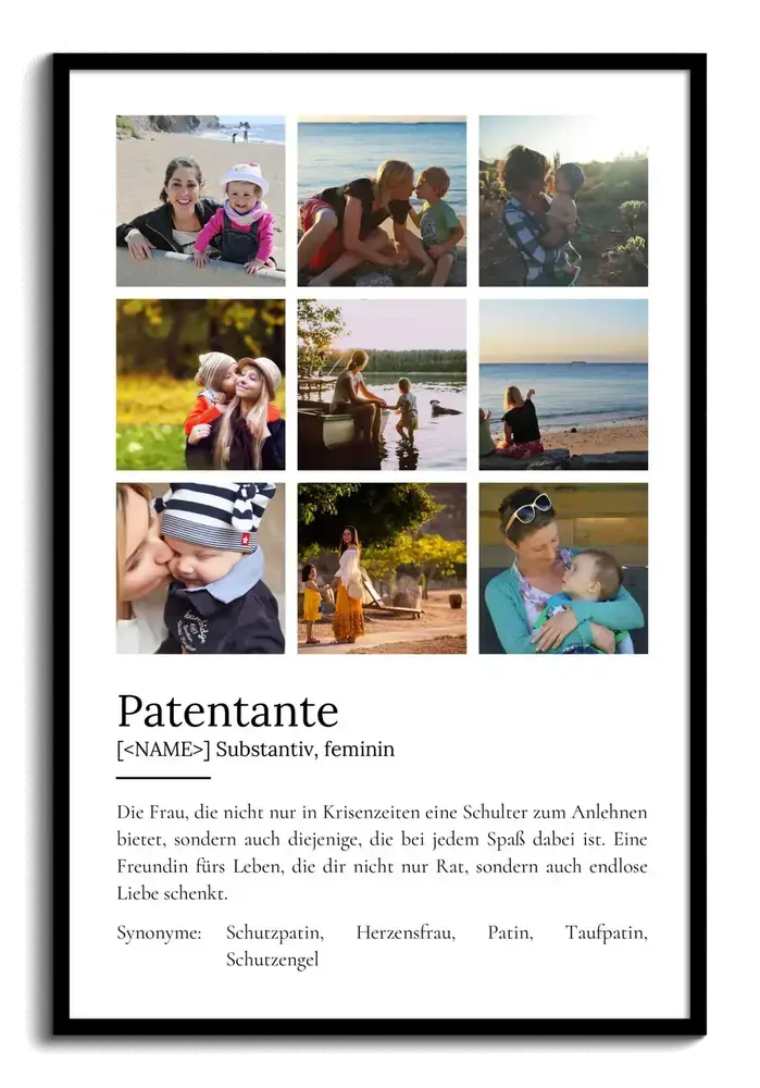 Definitionsposter für die Patentante mit neun Fotos als quadratisches Raster über dem Text, im schwarzen Rahmen