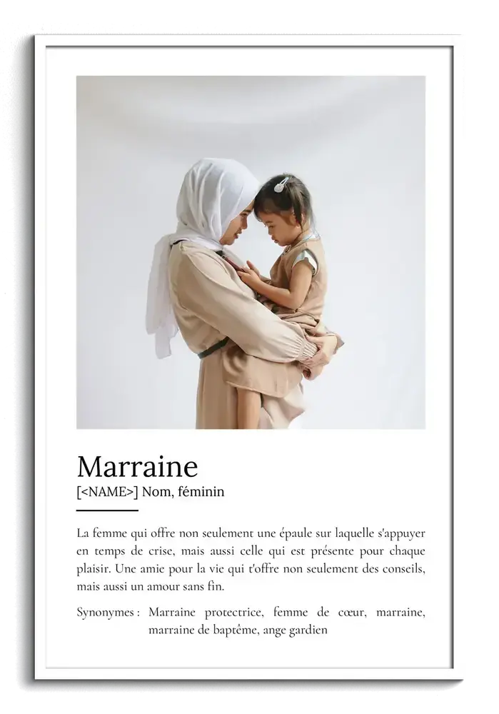 Affiche définition pour marraine avec photo d’une femme et d’un enfant, dans un cadre blanc
