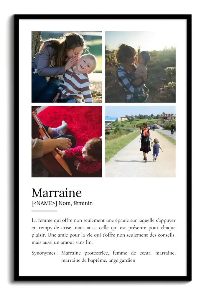 Affiche personnalisée pour marraine, quatre photos au-dessus d’une définition, dans un cadre noir