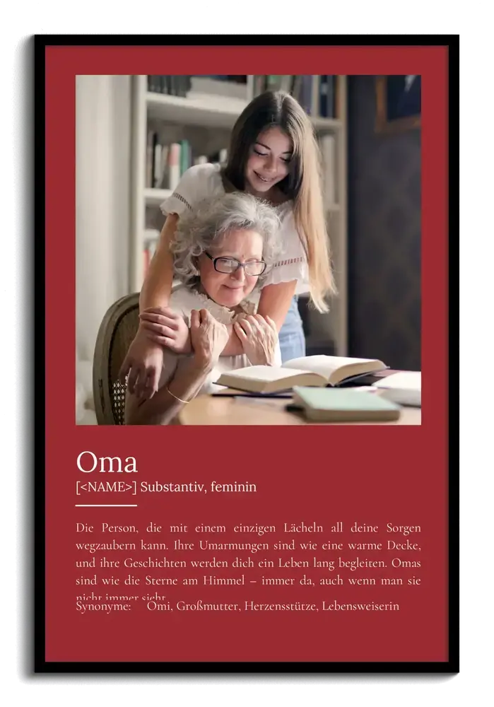 Weinrotes Definitionsposter für Oma mit rechteckigem Foto von Großmutter und Enkelin im schwarzen Rahmen