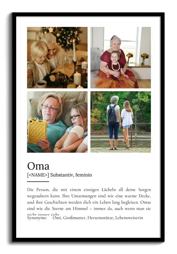 Oma-Definitionsposter mit vier Familienfotos und Wörterbuch-Layout auf weißem Grund im schwarzen Rahmen