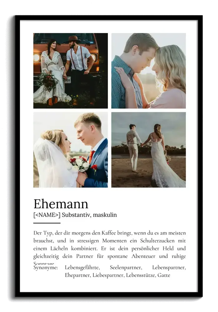 Definitionsposter für den Ehemann mit vier Paar- und Hochzeitsfotos im Raster über dem Text, schwarz gerahmt