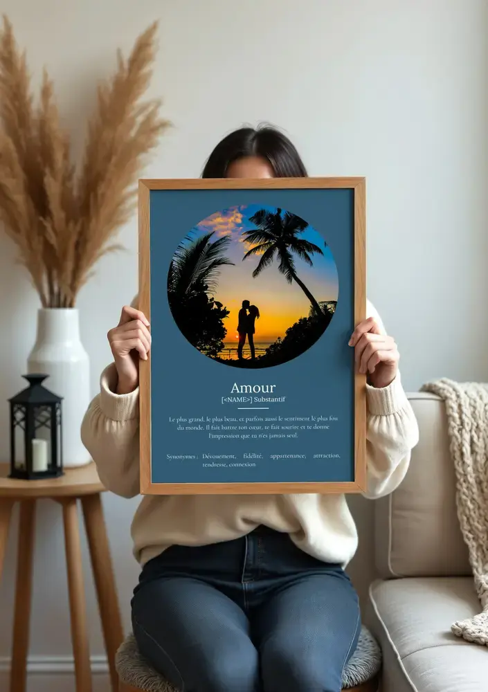 Affiche définition bleue avec photo ronde, cadre en bois au salon, cadeau personnalisé pour la Saint-Valentin