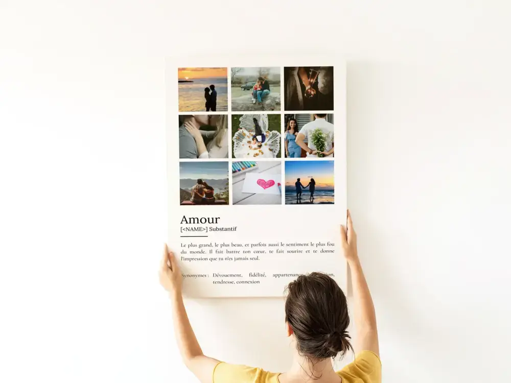 Poster définition avec neuf photos de couple sur un mur blanc, une idée cadeau personnalisée pour des fiançailles