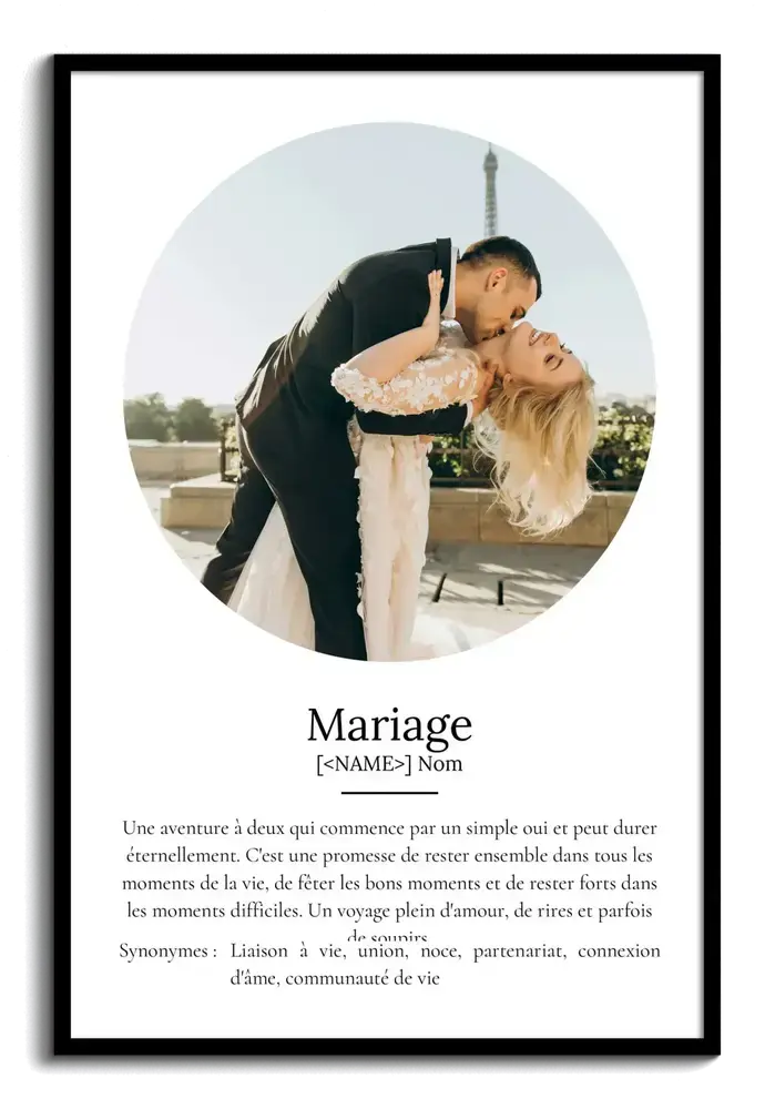 Affiche définition du mariage avec photo ronde et cadre noir, cadeau personnalisé pour les mariés