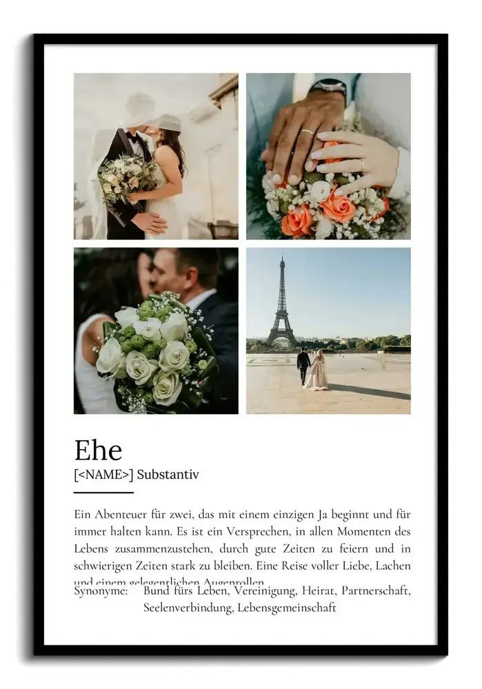 Definitionsposter zur Ehe mit vier Hochzeitsfotos im schwarzen Rahmen als Geschenkidee für das Brautpaar