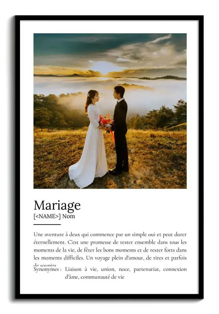 Affiche encadrée en noir avec définition et photo de mariés au soleil couchant, cadeau de mariage