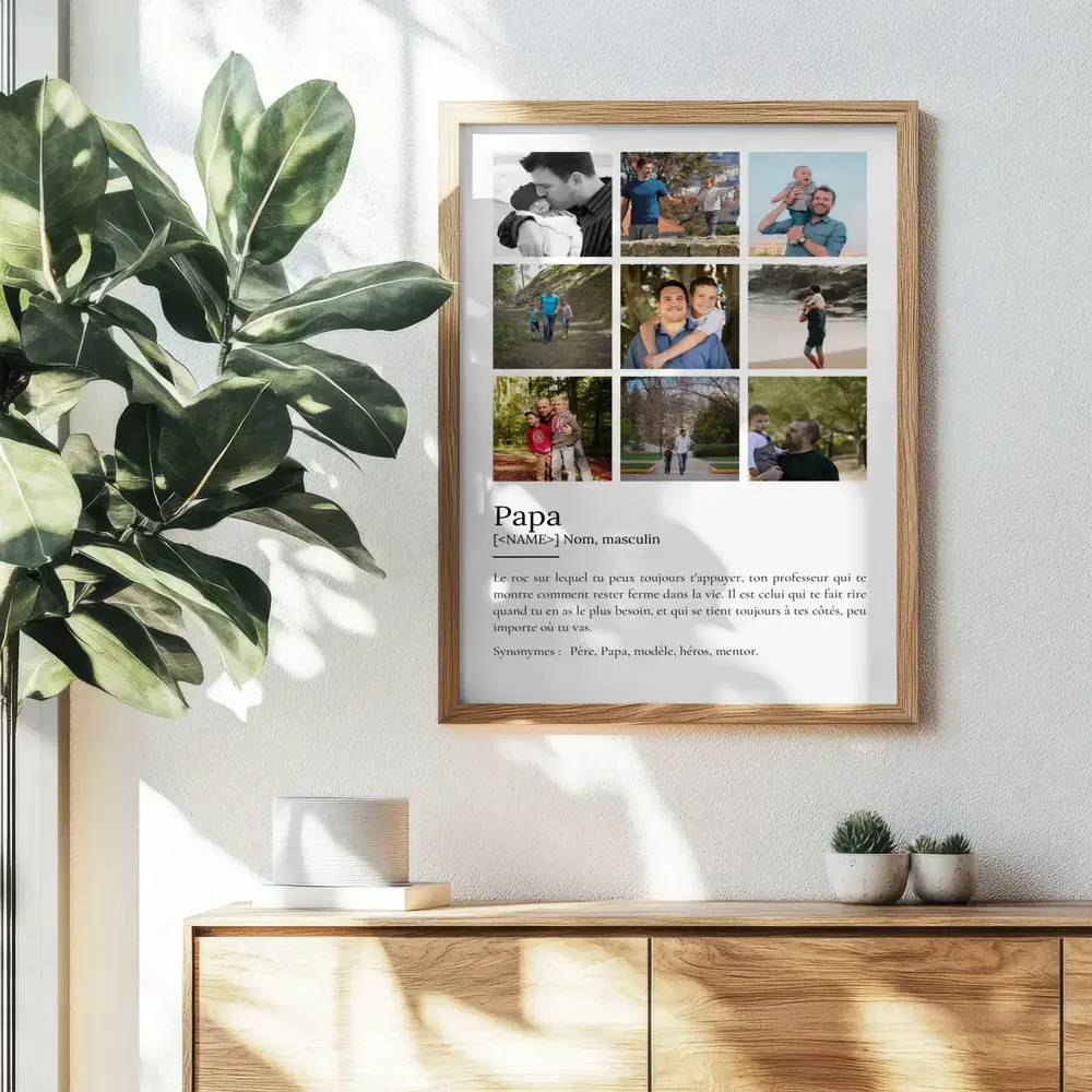 Affiche définition à neuf photos, encadrée au-dessus d’un buffet en bois, un cadeau souvenir pour papa.