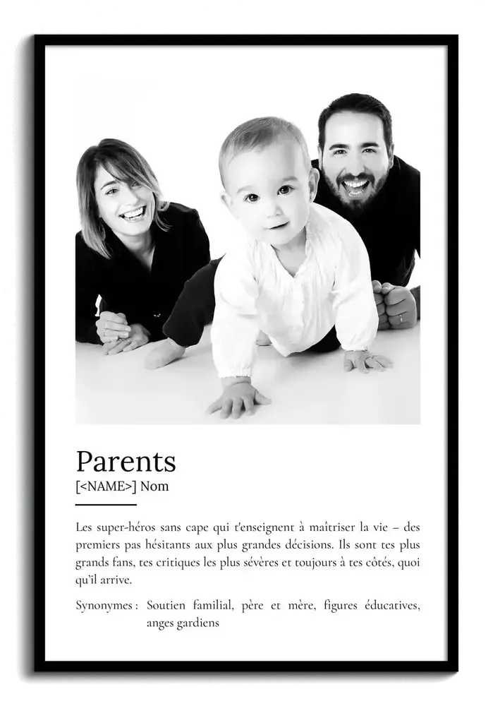 Affiche définition des parents avec photo noir et blanc, cadre noir, cadeau personnalisé pour maman et papa