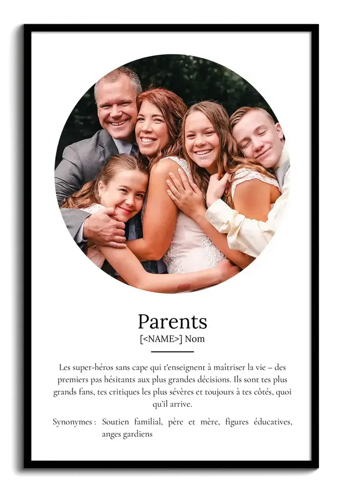 Affiche définition des parents avec photo ovale et cadre noir, une idée cadeau pour leur anniversaire de mariage
