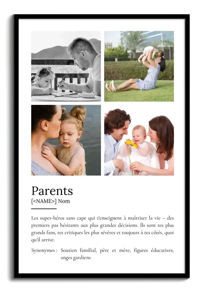 Affiche encadrée en noir avec quatre photos et définition des parents, un cadeau photo à offrir à Noël