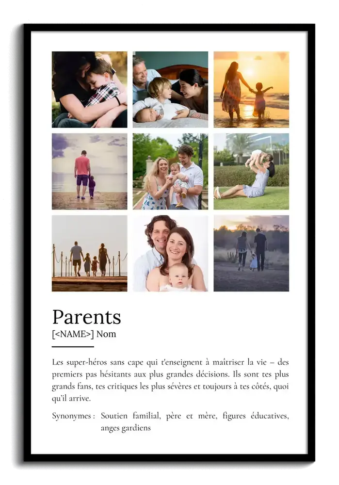 Affiche façon dictionnaire avec neuf photos de famille et cadre noir, une attention personnalisée pour les parents