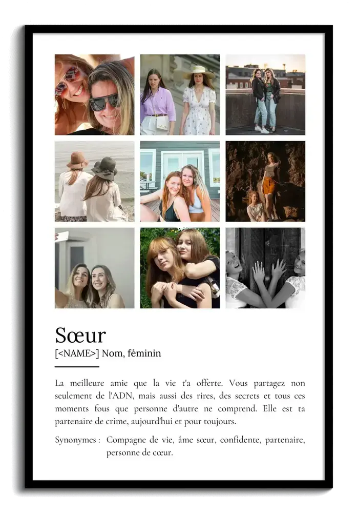 Affiche définition de sœur avec une mosaïque de neuf photos et du texte sur fond blanc, dans un cadre noir.