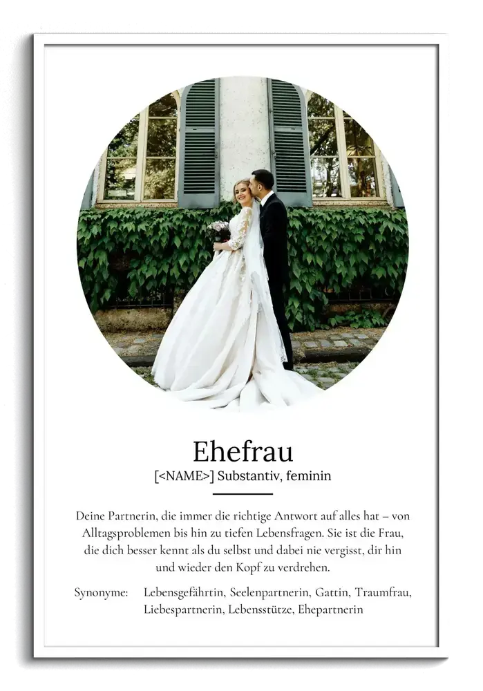 Definitionsposter für die Ehefrau im Wörterbuch-Stil mit rundem Hochzeitsfoto und weißem Rahmen
