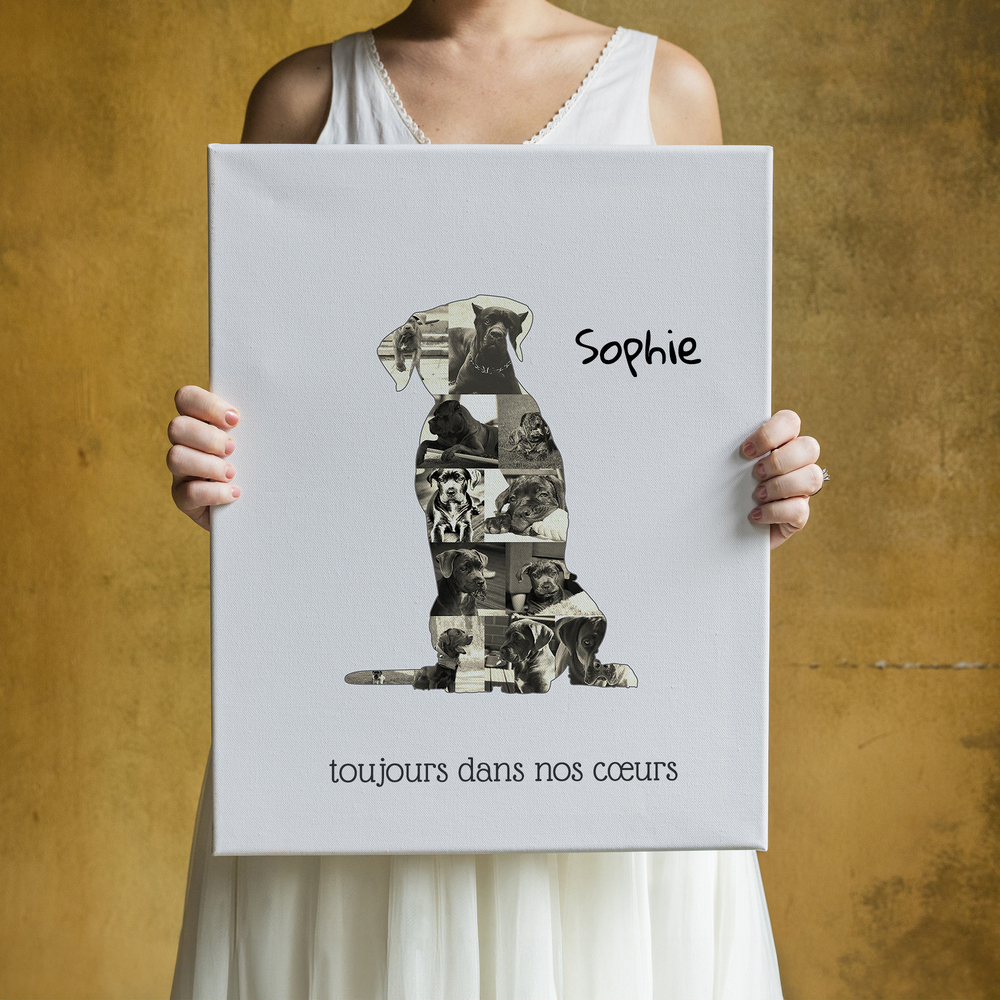 Collage photo sur toile en silhouette de cane corso assis, avec nom et dédicace, devant un mur ocre