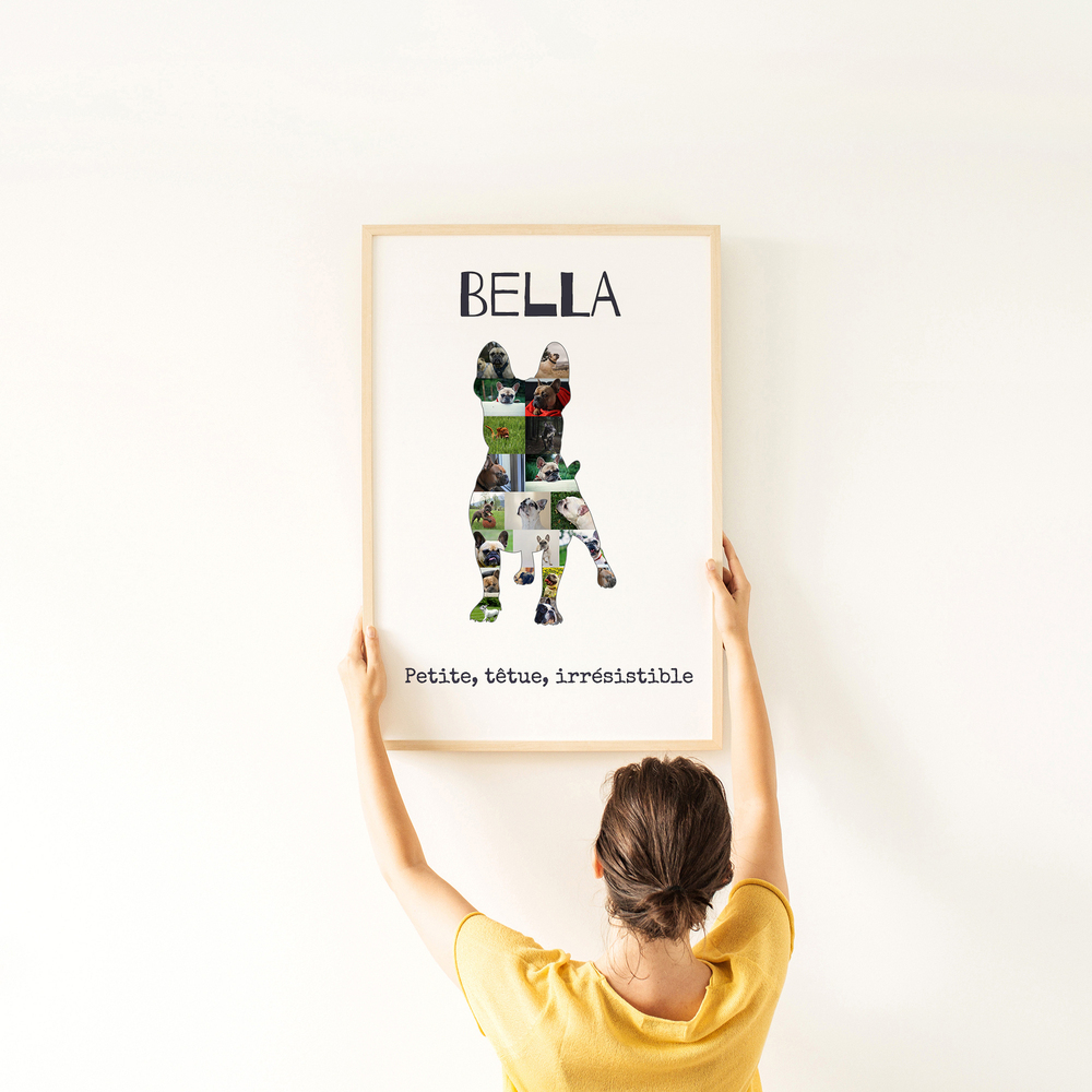Collage photo en silhouette de bouledogue français avec prénom, dans un cadre en bois clair sur un mur blanc.