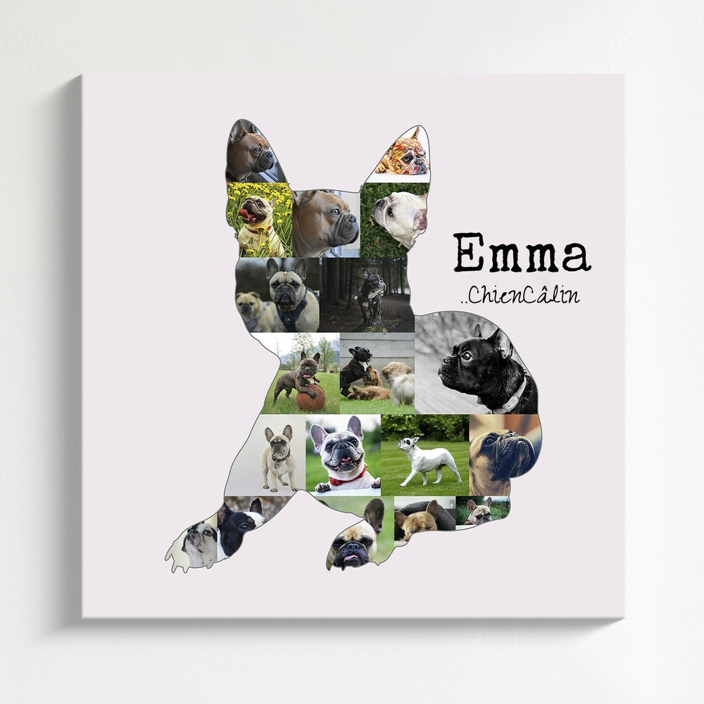 Toile personnalisée avec collage photo en forme de bouledogue français assis, prénom et texte sur fond clair.