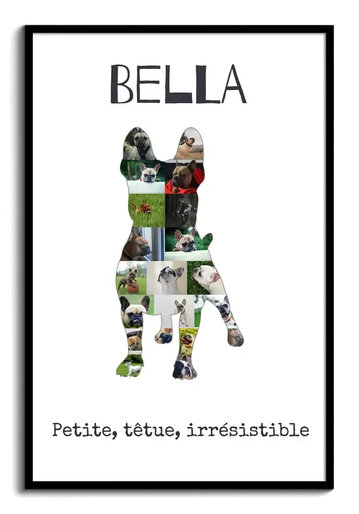 Collage photo en silhouette de bouledogue français avec prénom et texte, encadré en noir, cadeau pour amoureux des chiens