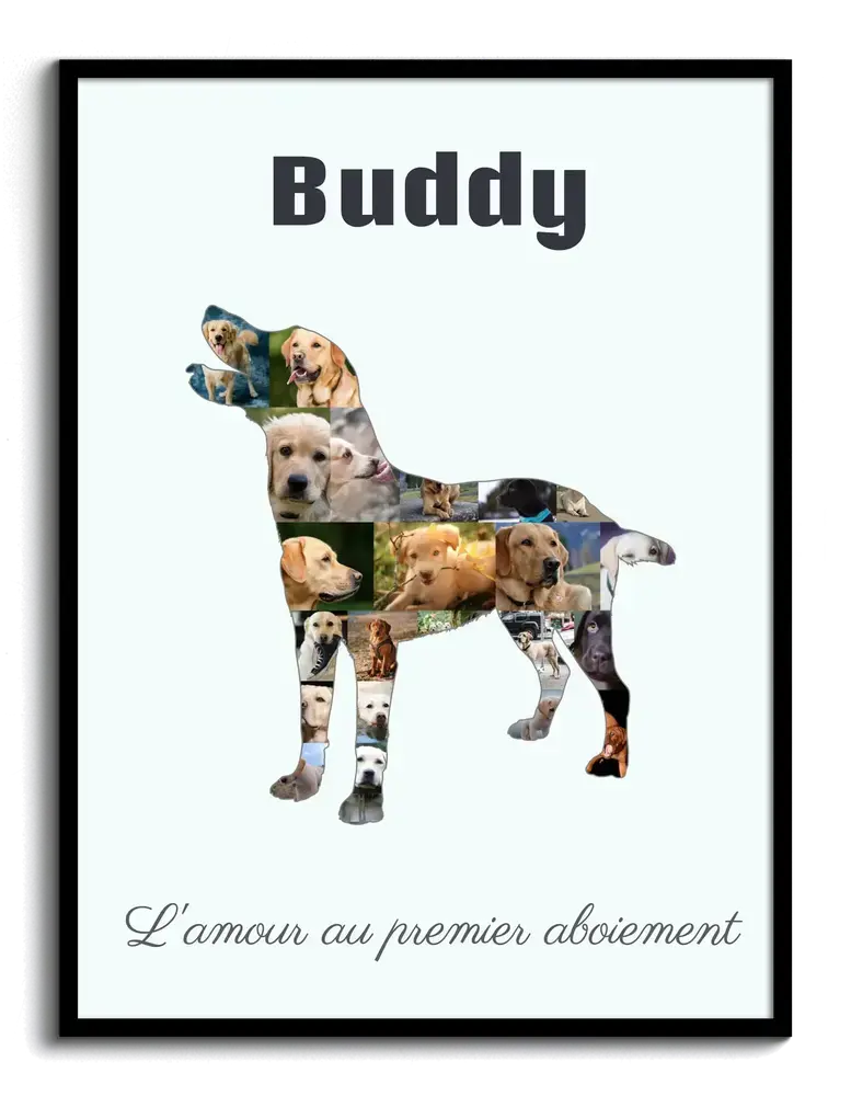 Pêle-mêle photo en silhouette de labrador debout, avec nom et texte personnalisés, dans un cadre noir