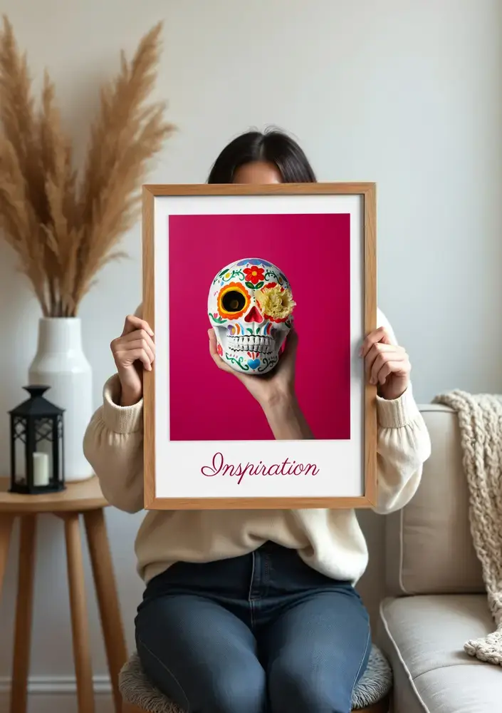 Personalisiertes Fotoposter mit buntem Totenkopf auf pinkem Hintergrund und Text, im Holzrahmen im Wohnzimmer