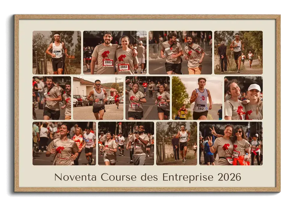 Collage photo de course interentreprises en cadre bois naturel, avec photos d’équipe et texte personnalisé