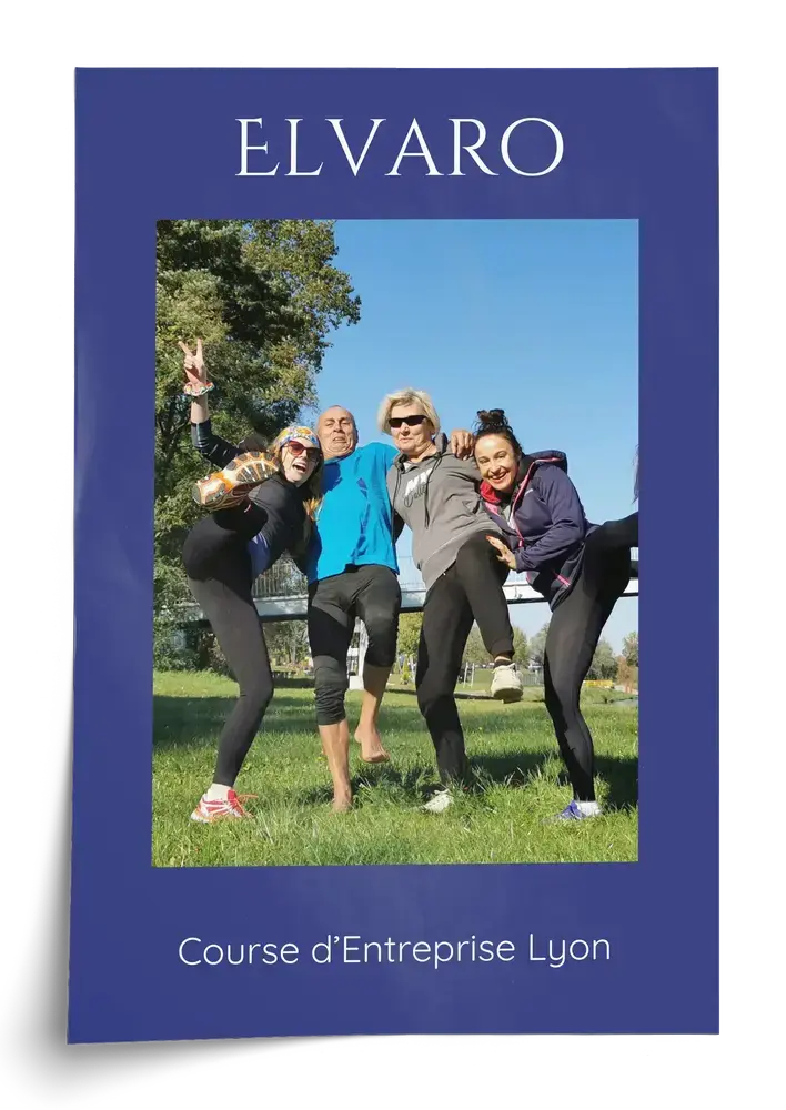 Affiche de course d’entreprise avec photo d’équipe et texte sur fond bleu, cadeau souvenir pour les participants